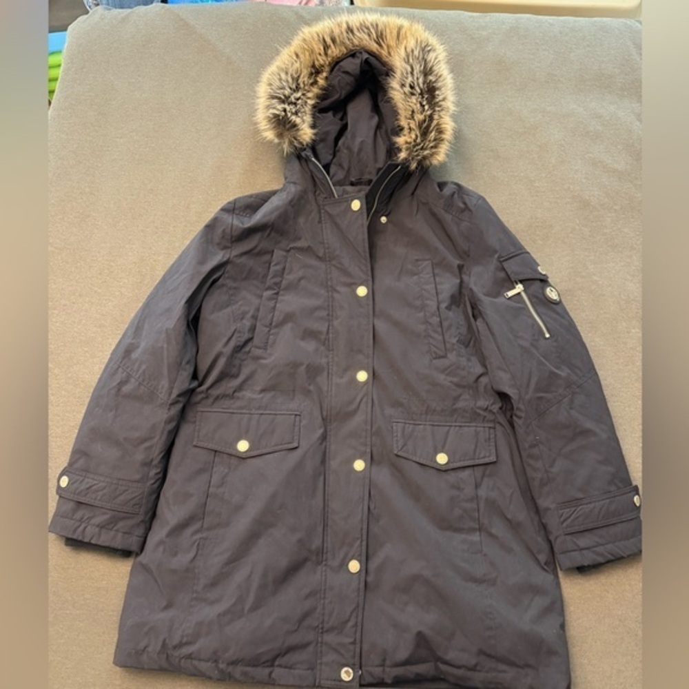 Women’s Navy Blue XL London Fog Puffer Jacket Coat Removable Hood - Picture 1 of 10